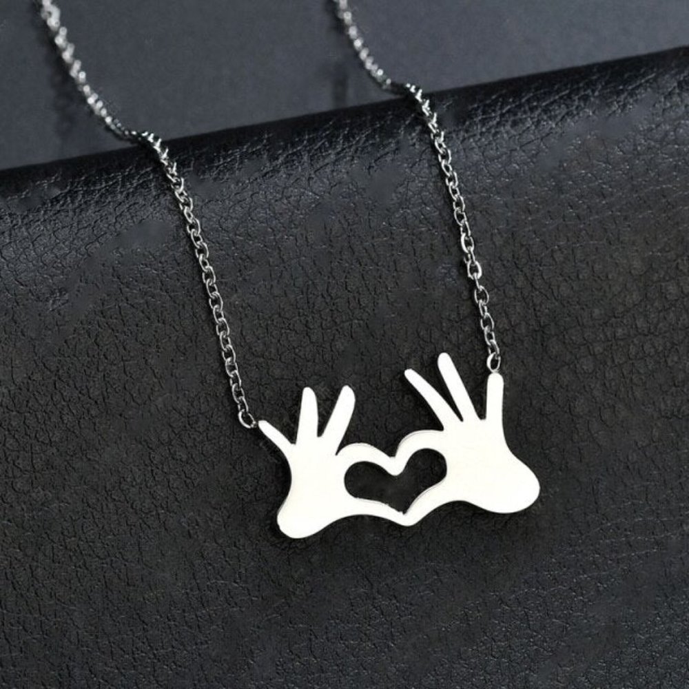 NEW Silver Heart Hands Emoji Necklace